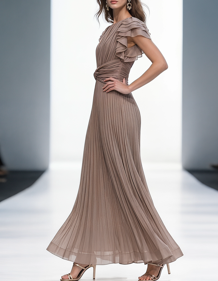 Taupe Pleated Chiffon Maxi Dress