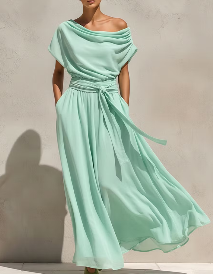 Mint Green Off-the-Shoulder Chiffon Maxi Dress