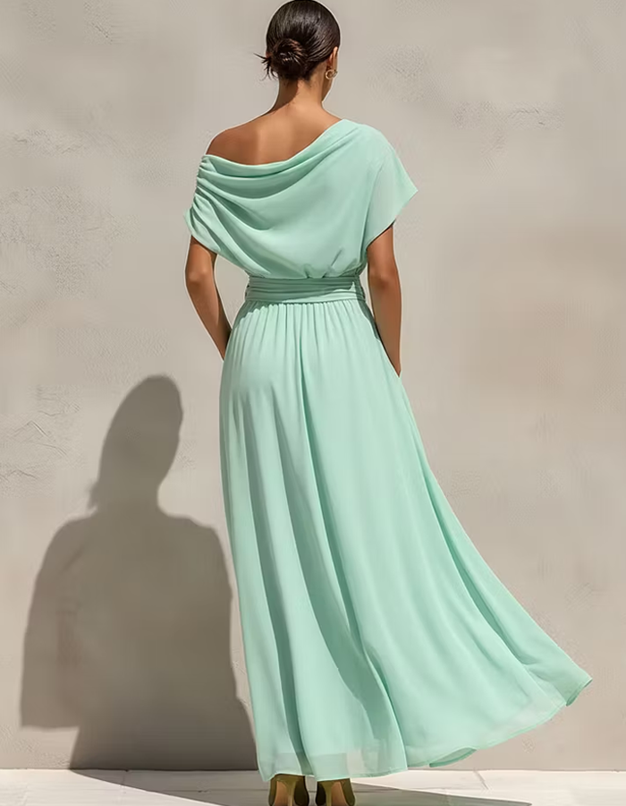 Mint Green Off-the-Shoulder Chiffon Maxi Dress
