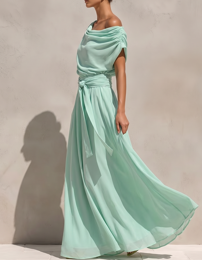 Mint Green Off-the-Shoulder Chiffon Maxi Dress