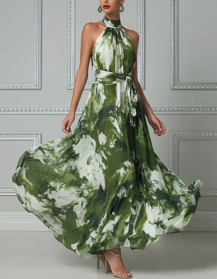 Green Floral Chiffon Halter Neck Maxi Dress