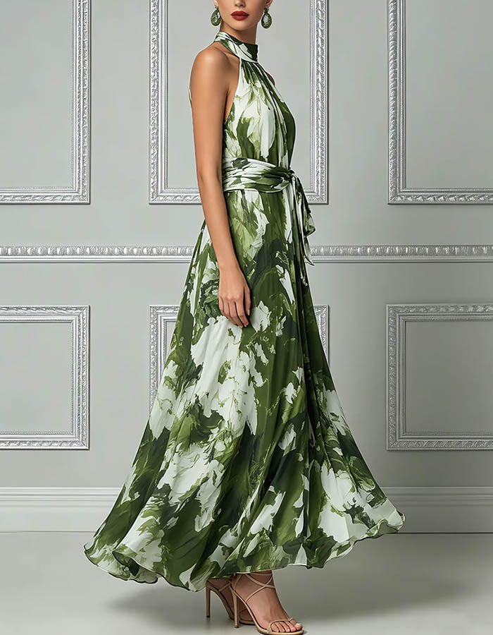 Green Floral Chiffon Halter Neck Maxi Dress