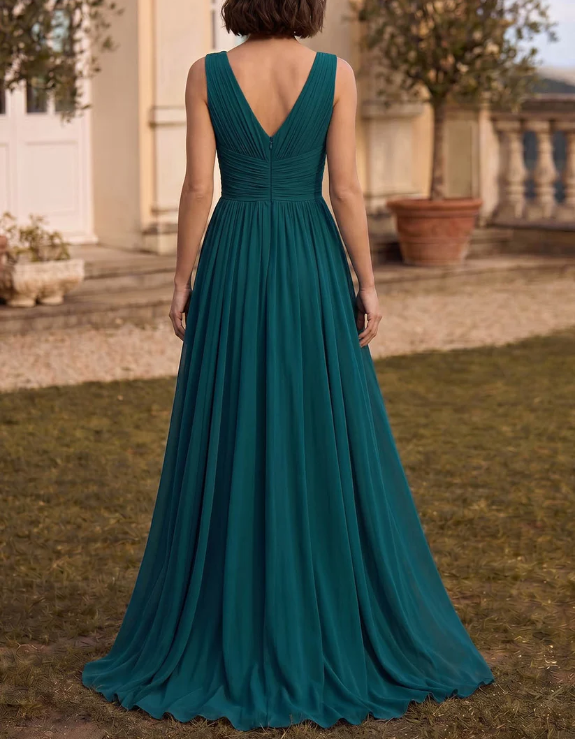 Peacock Green Chiffon V-neck A-neck Maxi Dress