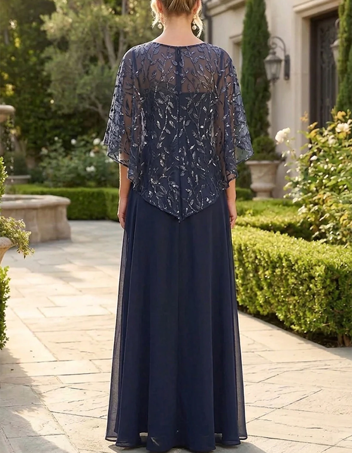 Dusty Blue Illusion Neck & Beaded Floral Mermaid Maxi Dress