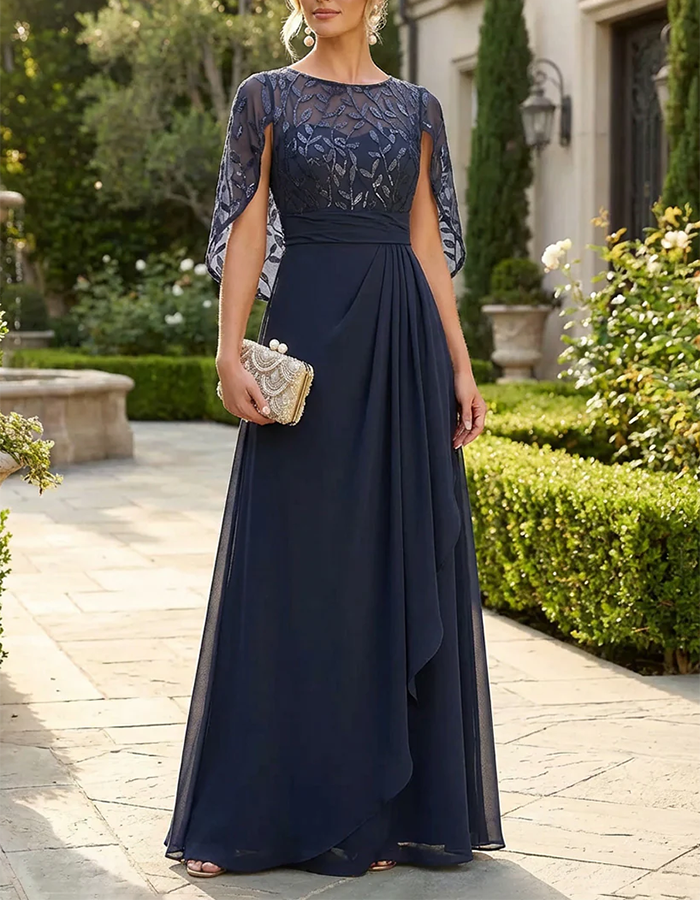 Dusty Blue Illusion Neck & Beaded Floral Mermaid Maxi Dress