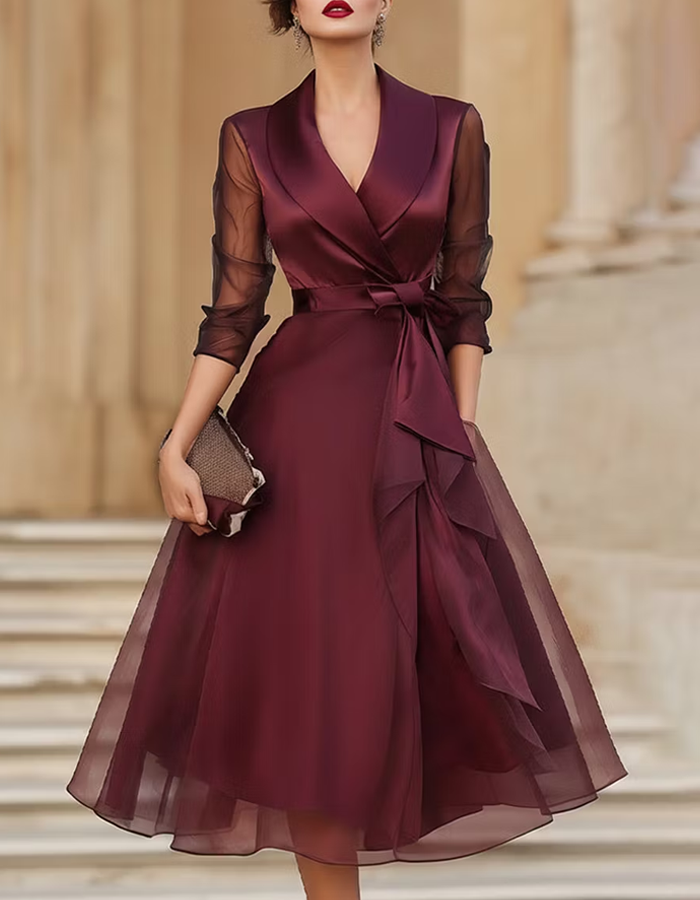 Burgundy Satin Tulle Midi Dress
