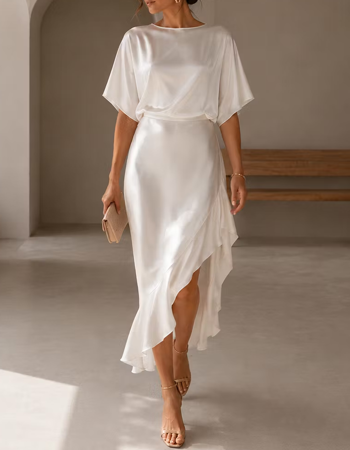 Satin Round Neck Asymmetrical Ruffle Midi Dress