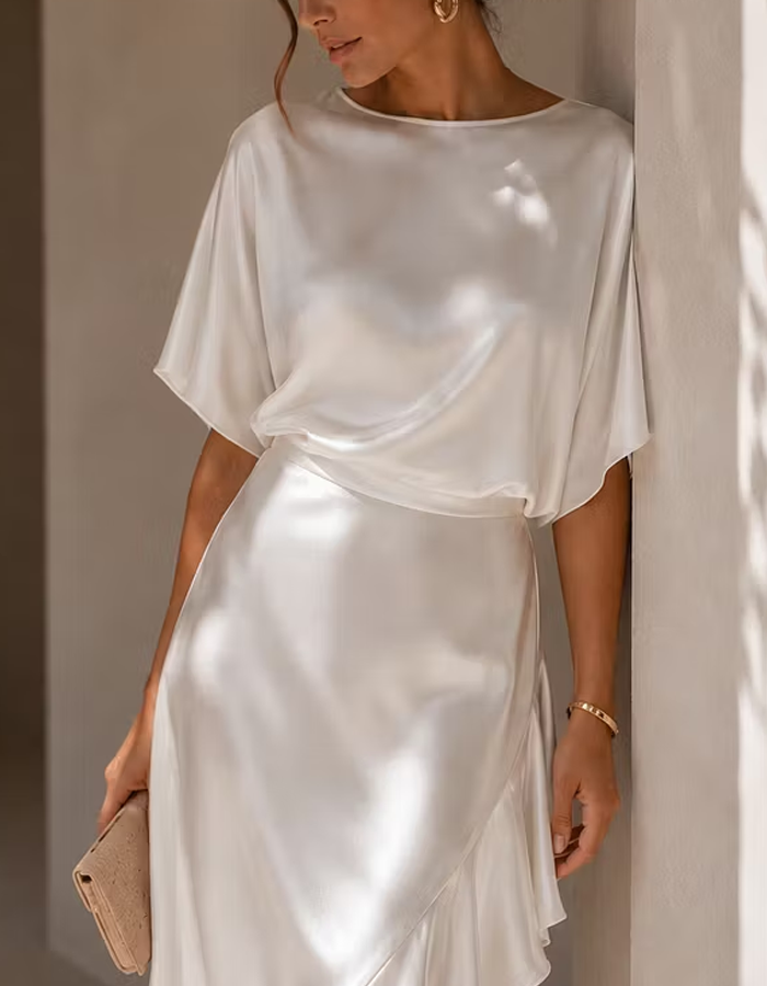Satin Round Neck Asymmetrical Ruffle Midi Dress