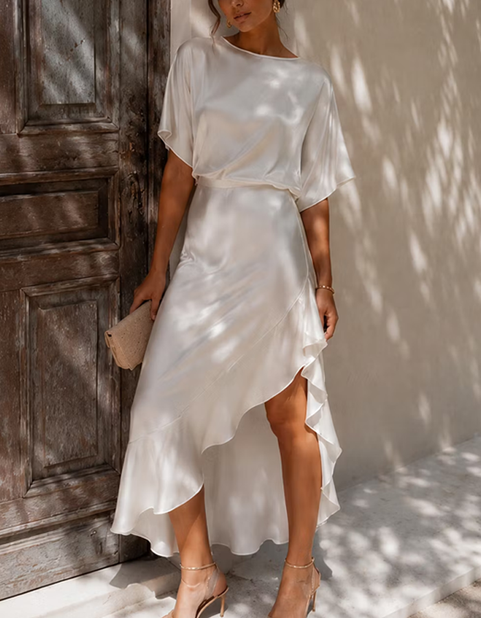 Satin Round Neck Asymmetrical Ruffle Midi Dress