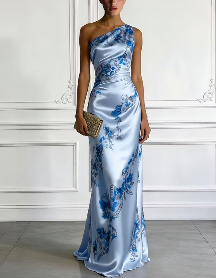 Satin One-Shoulder Printed Maxi Dress