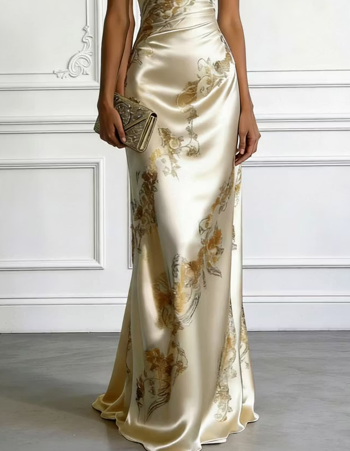 Satin One-Shoulder Printed Maxi Dress