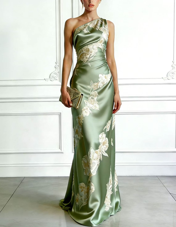 Satin One-Shoulder Printed Maxi Dress