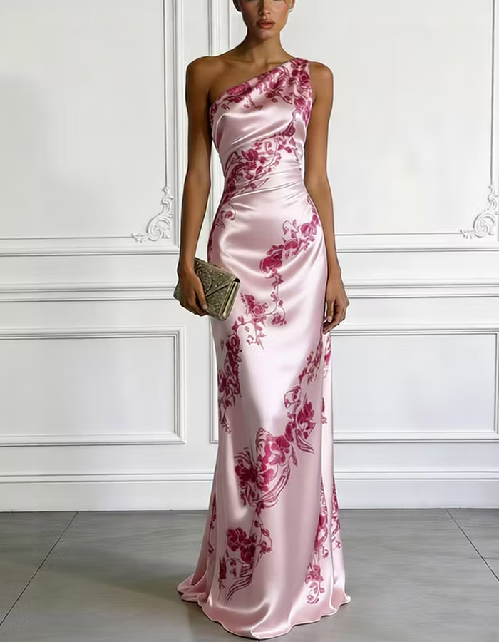 Satin One-Shoulder Printed Maxi Dress