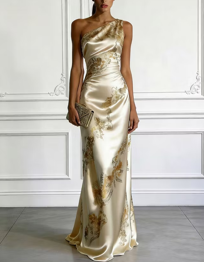 Satin One-Shoulder Printed Maxi Dress