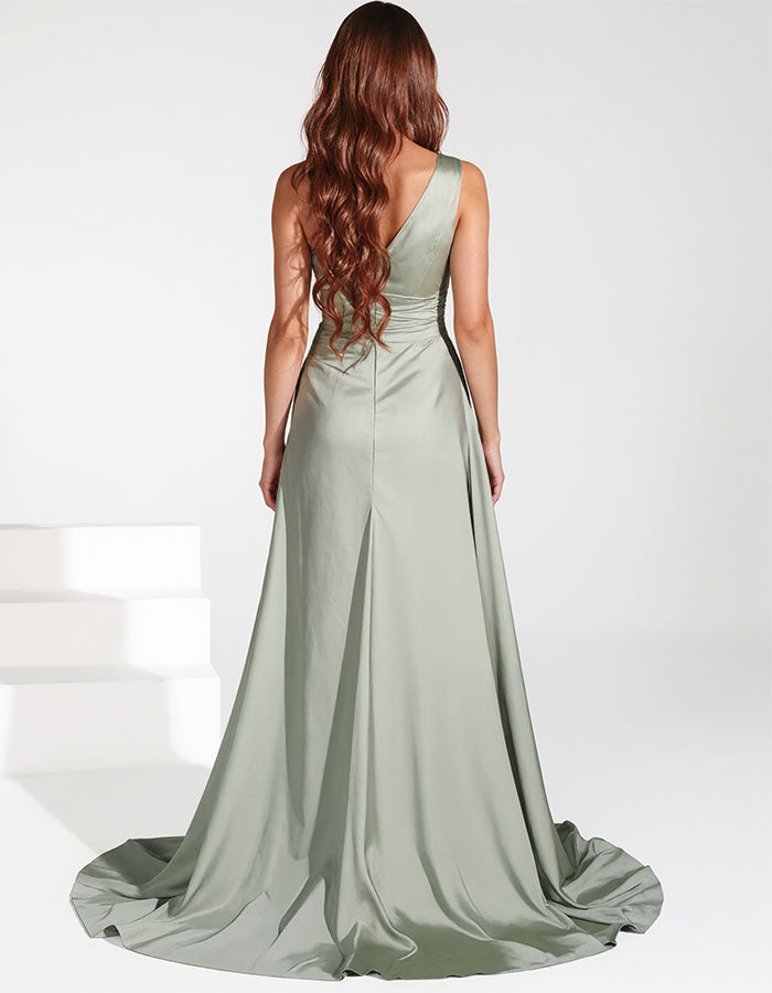 Sage Green Satin One-Shoulder Pleated Mermaid Maxi Dress