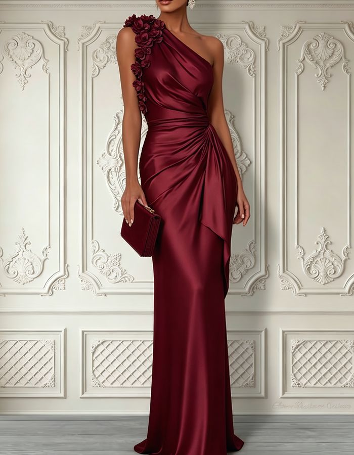 One-shoulder Floral Appliqué Satin Maxi Dress