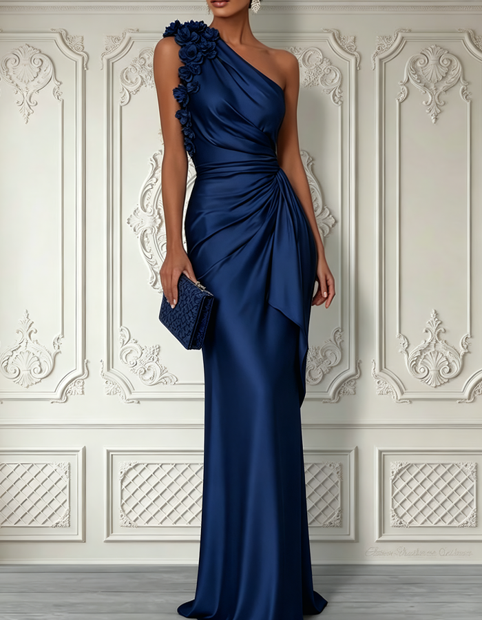 One-shoulder Floral Appliqué Satin Maxi Dress