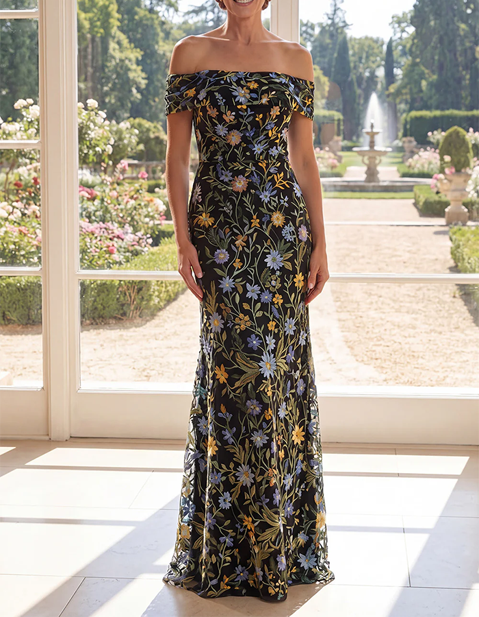 Sage Green Off-the-Shoulder Floral Embroidered Mermaid Maxi Dress