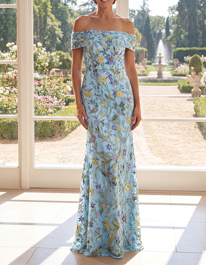 Sage Green Off-the-Shoulder Floral Embroidered Mermaid Maxi Dress