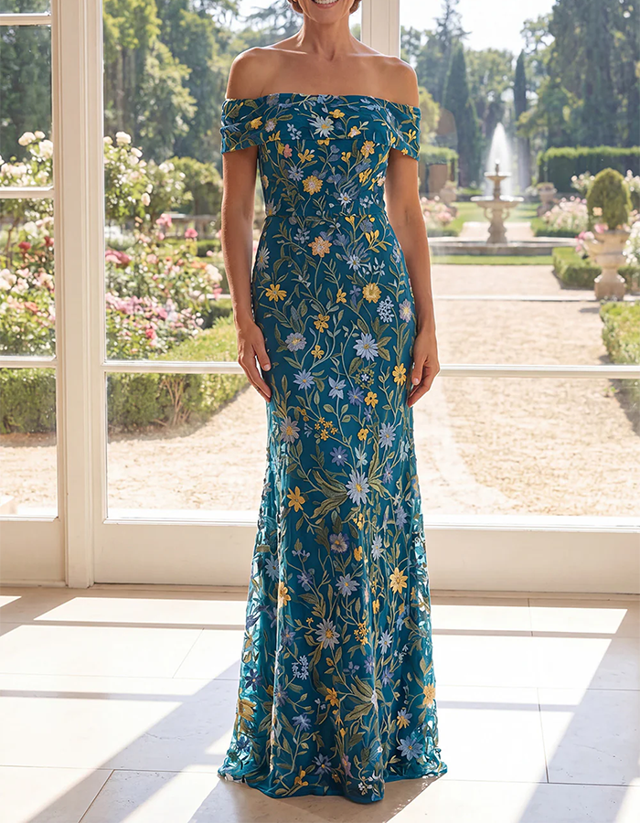Sage Green Off-the-Shoulder Floral Embroidered Mermaid Maxi Dress