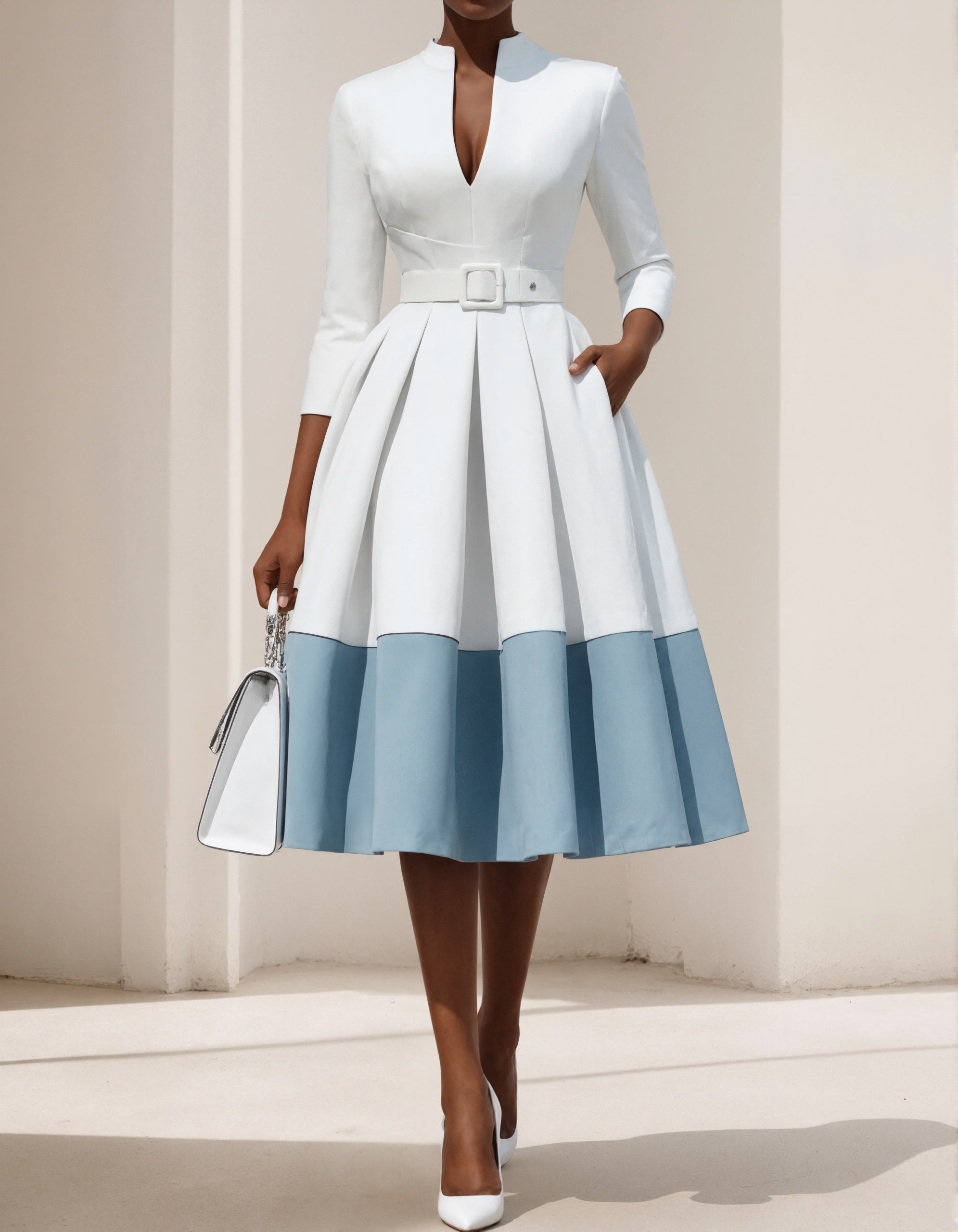 Refined White and Light Blue A-Line Dress with Belted Waist and High Neckline