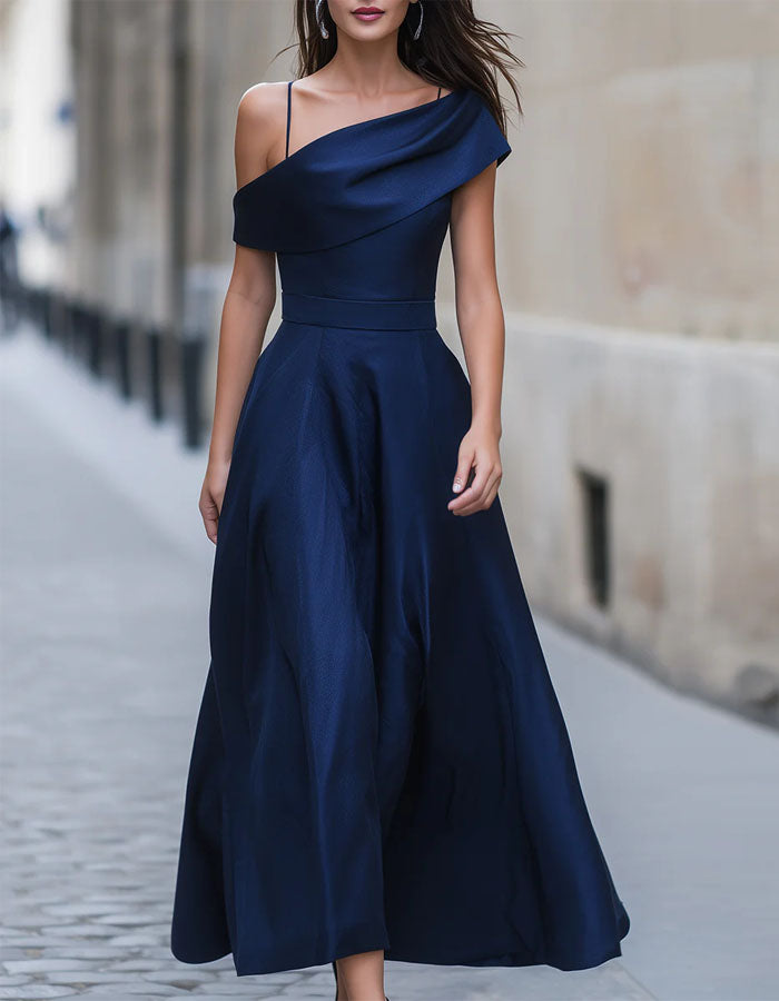 Blue Satin Asymmetrical One Shoulder Maxi Dress