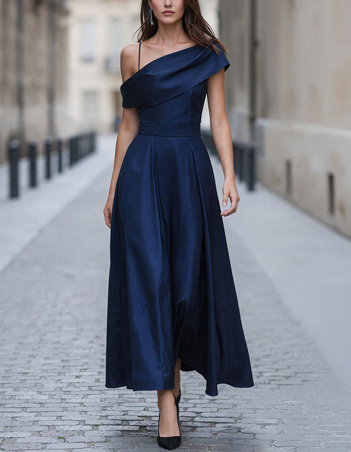 Blue Satin Asymmetrical One Shoulder Maxi Dress