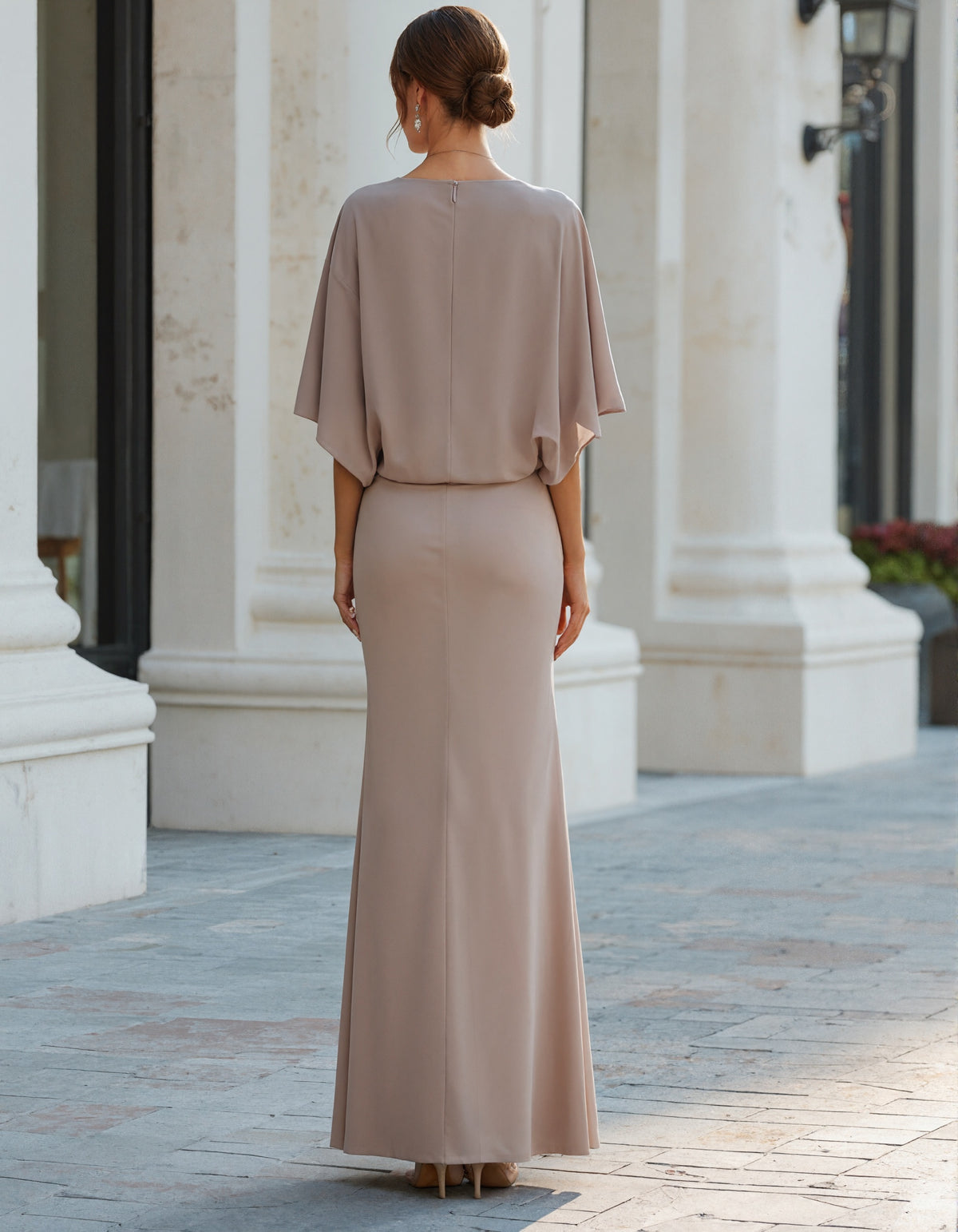 Light Khaki Draped Shawl Sleeve Mermaid Maxi Dress