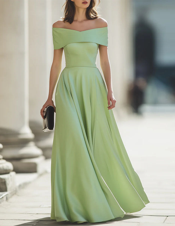 Light Green Off Shoulder Satin Maxi Dress