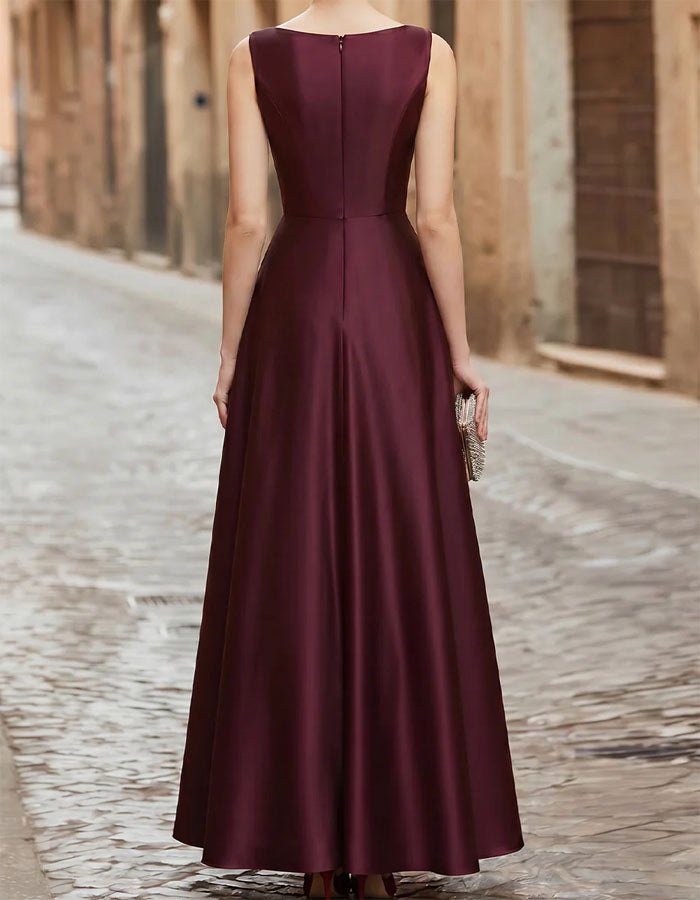 Burgundy Tulle Collar Satin Maxi Dress