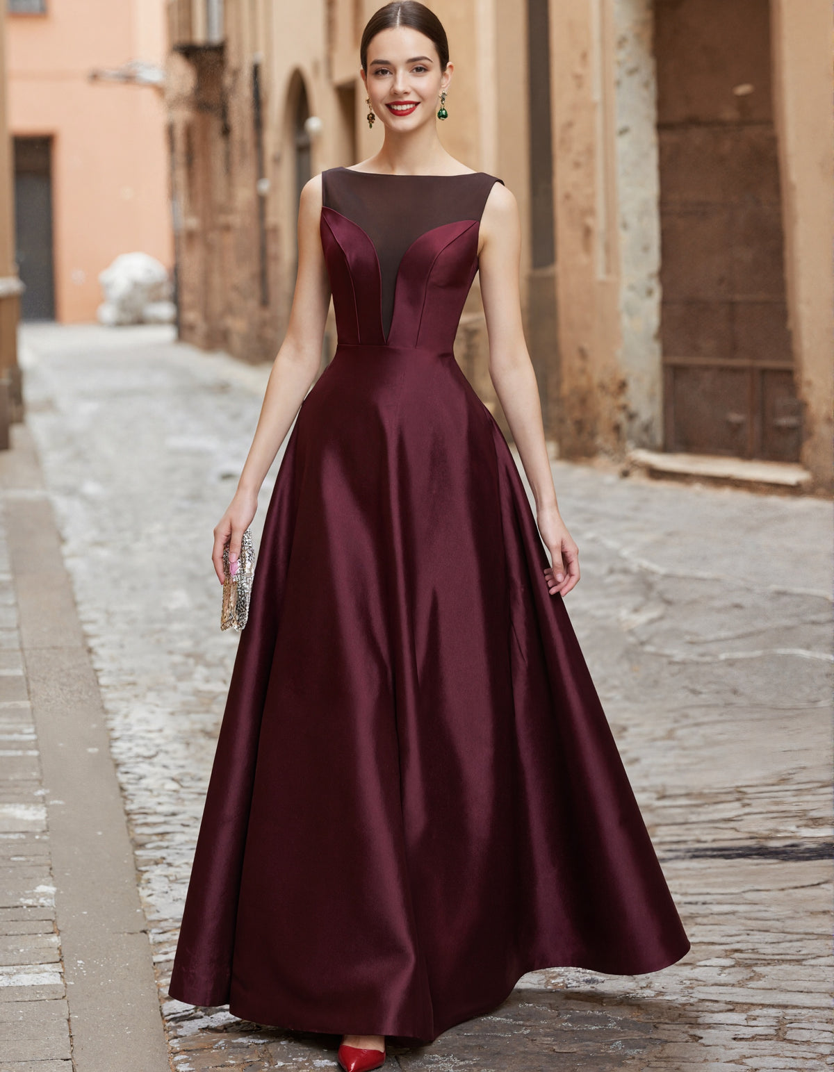 Burgundy Tulle Collar Satin Maxi Dress