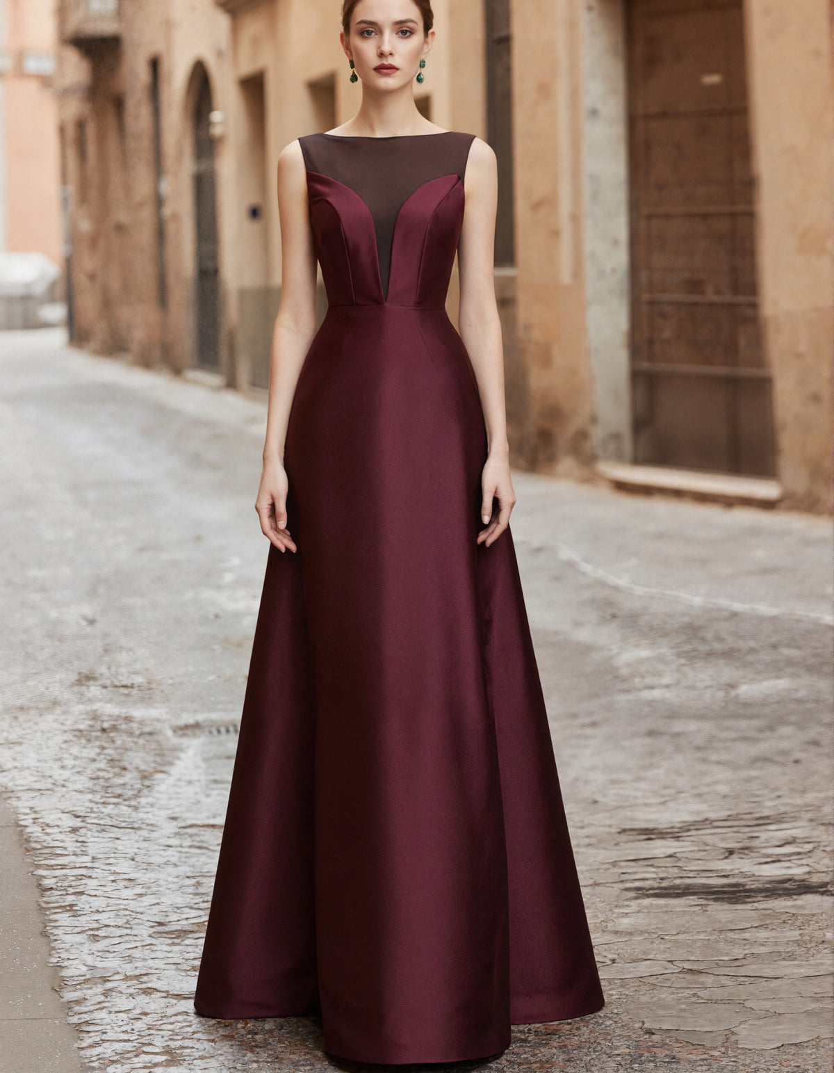 Burgundy Tulle Collar Satin Maxi Dress