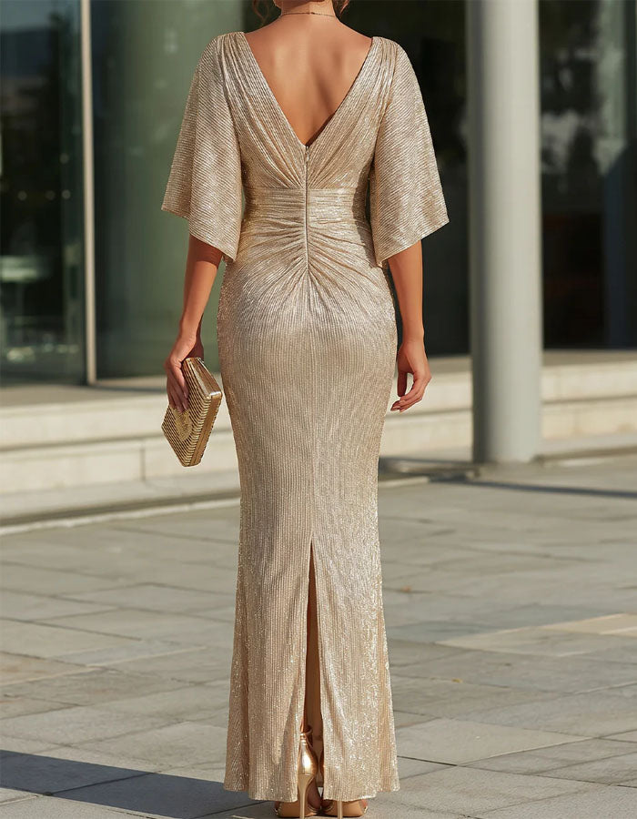 Champagne Colored Ruffled Sleeves Maxi Dress
