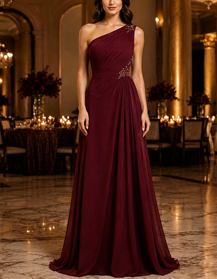 Burgundy One-Shoulder Chiffon A-Line Maxi Dress