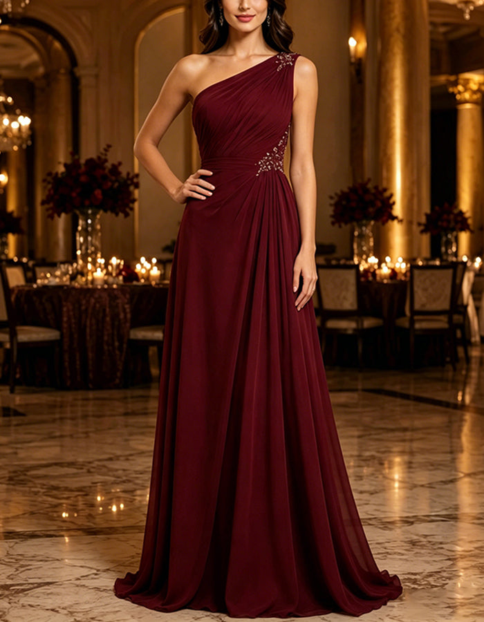 Burgundy One-Shoulder Chiffon A-Line Maxi Dress