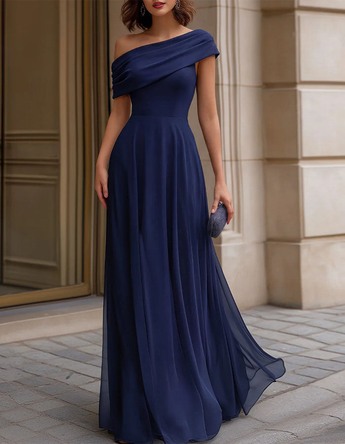 Deep Sapphire Blue Chiffon Draped One Shoulder Maxi Dress