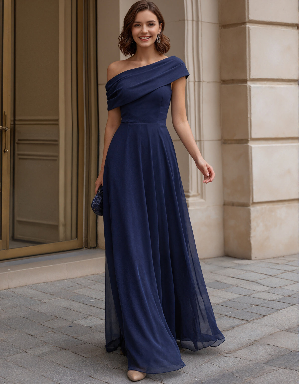 Deep Sapphire Blue Chiffon Draped One Shoulder Maxi Dress