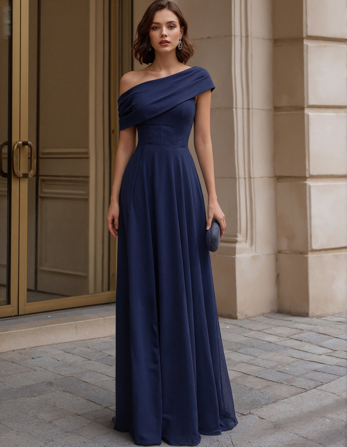 Deep Sapphire Blue Chiffon Draped One Shoulder Maxi Dress