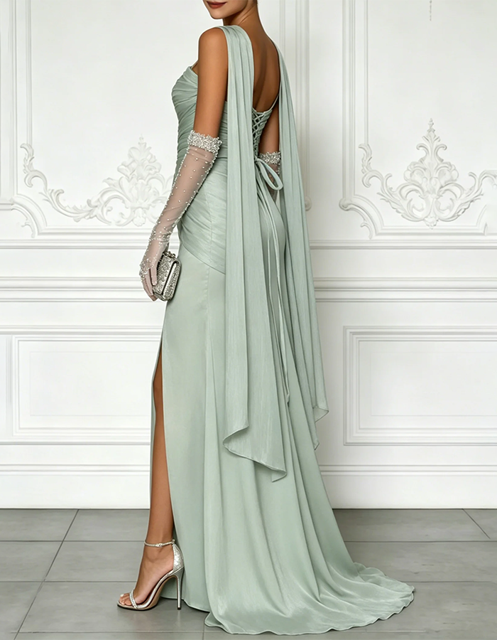 Sage Green Strapless Chiffon Draped Shawl Maxi Dress