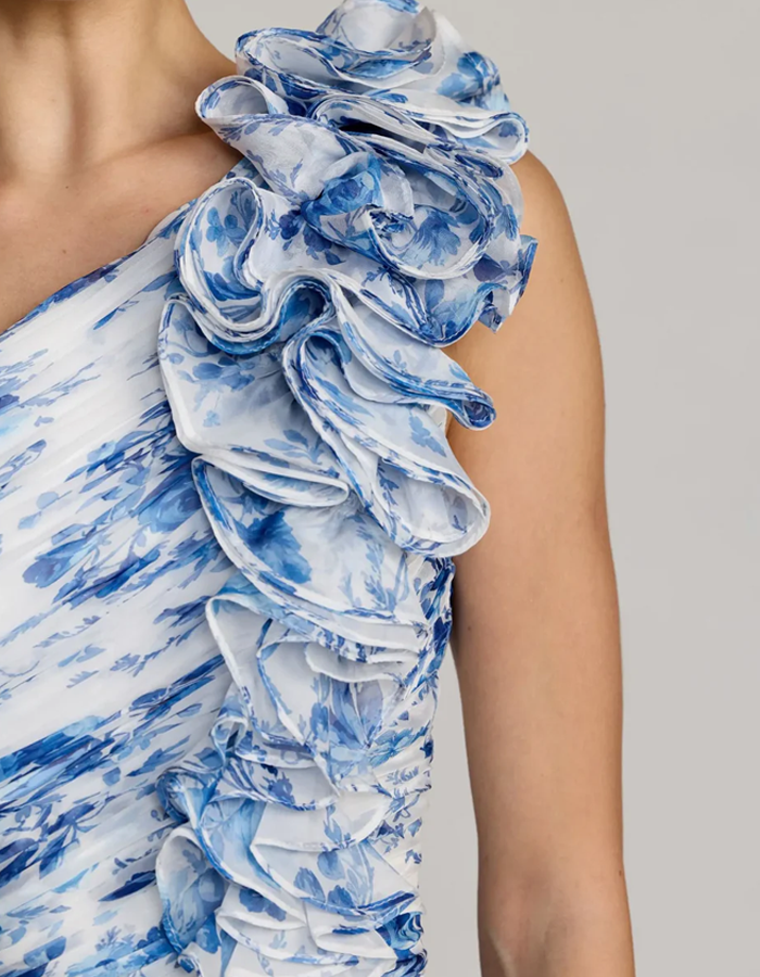 One-shoulder Ruffled Floral Chiffon Maxi Dress