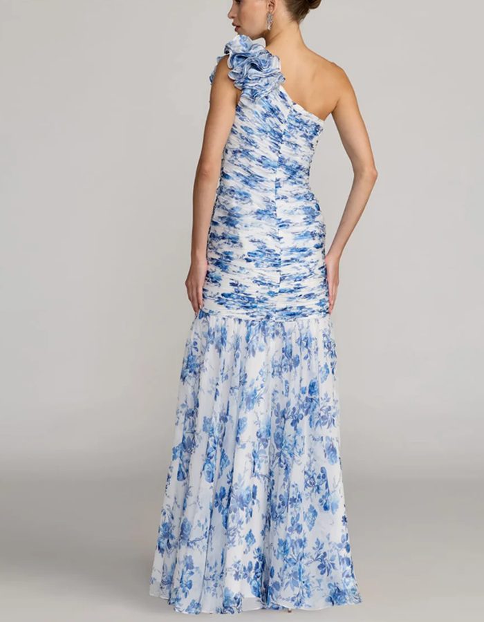 One-shoulder Ruffled Floral Chiffon Maxi Dress