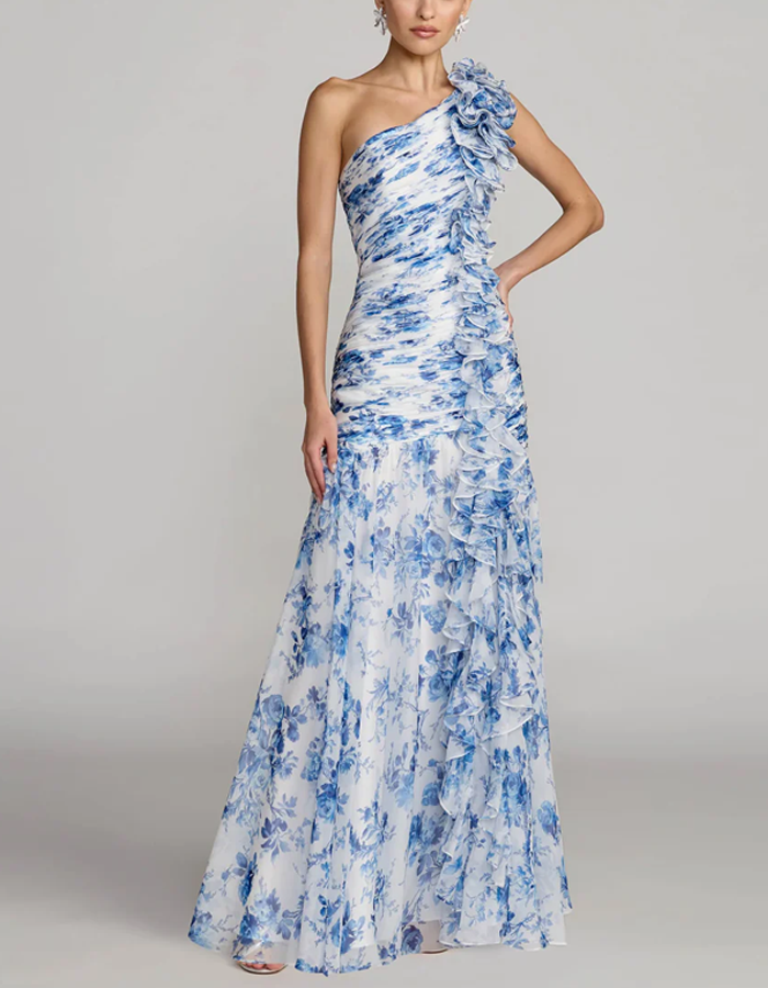 One-shoulder Ruffled Floral Chiffon Maxi Dress