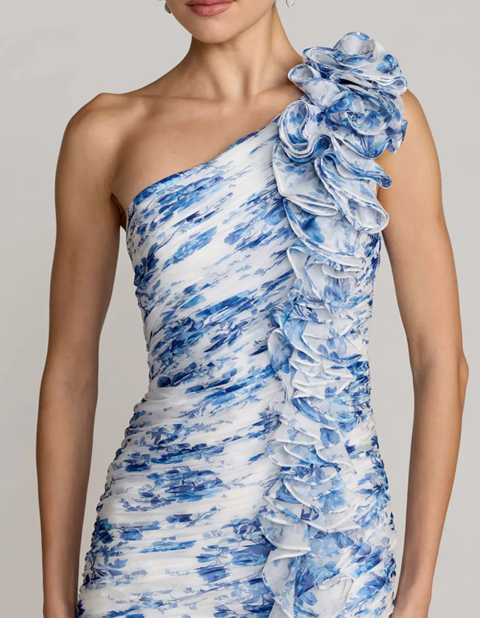 One-shoulder Ruffled Floral Chiffon Maxi Dress