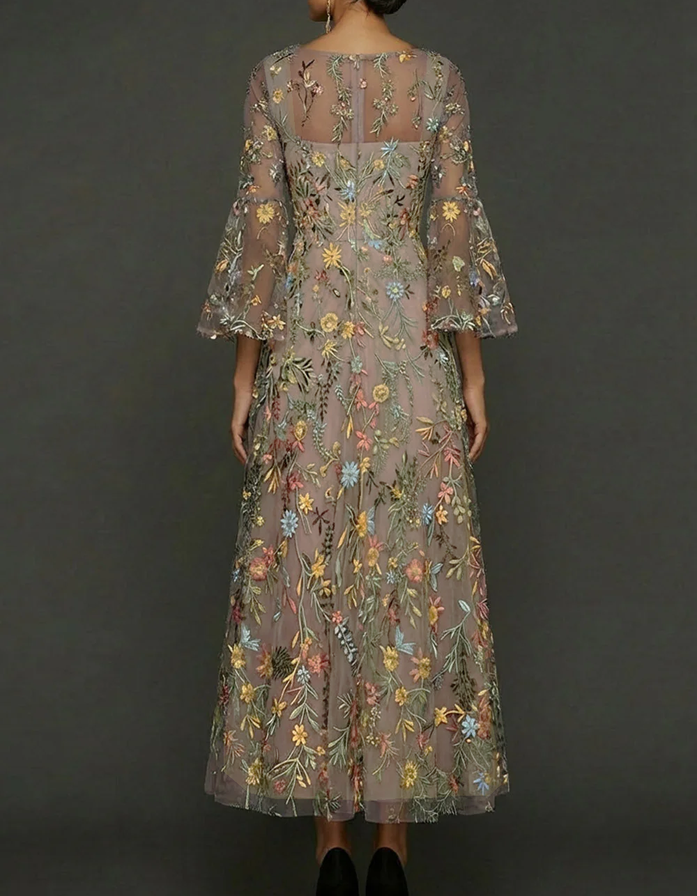 Chiffon Lace Embroidered Square Neck Fitted Waist Maxi Dress