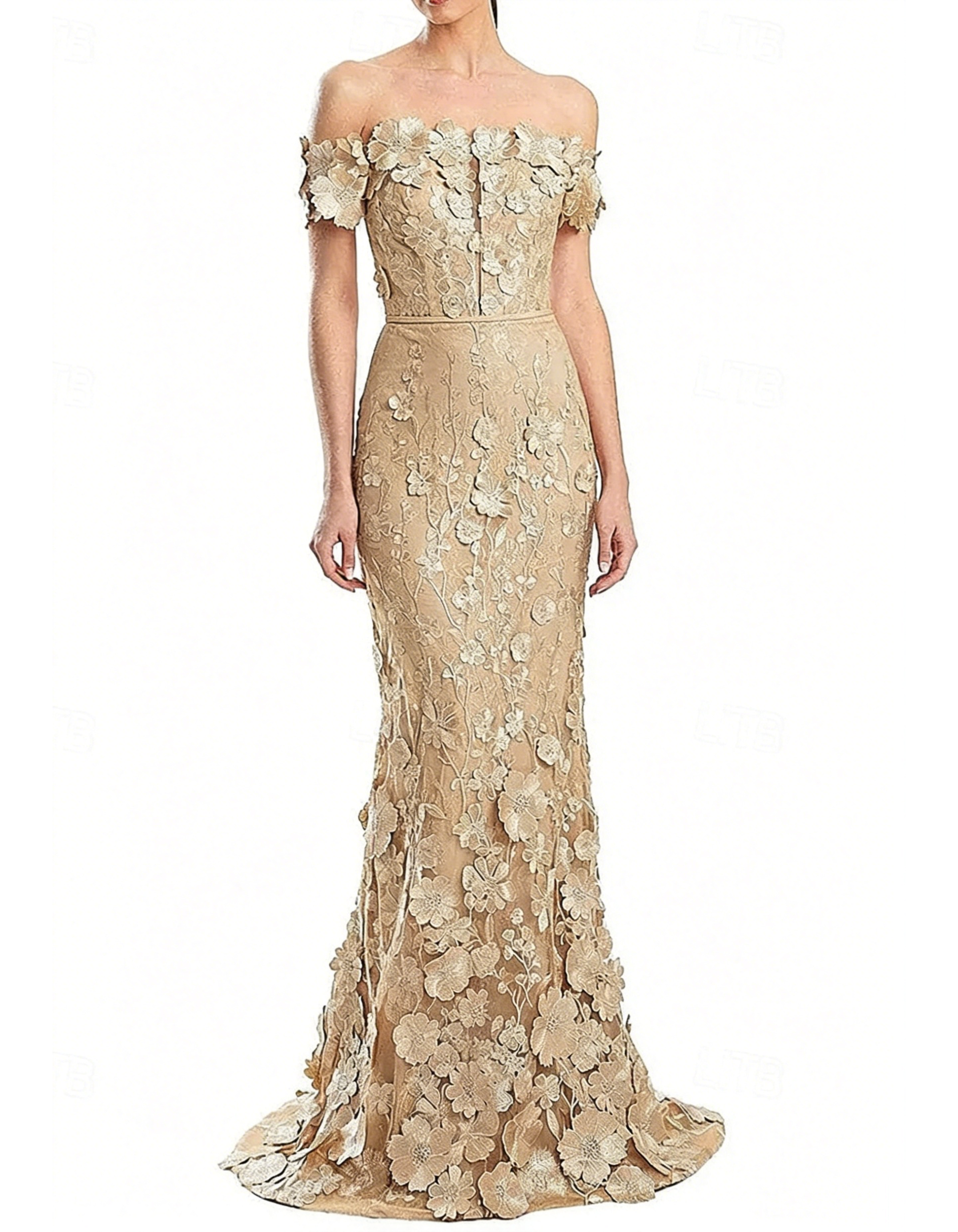 Off-The-Shoulder Lace Embroidered Fishtail Maxi Dress