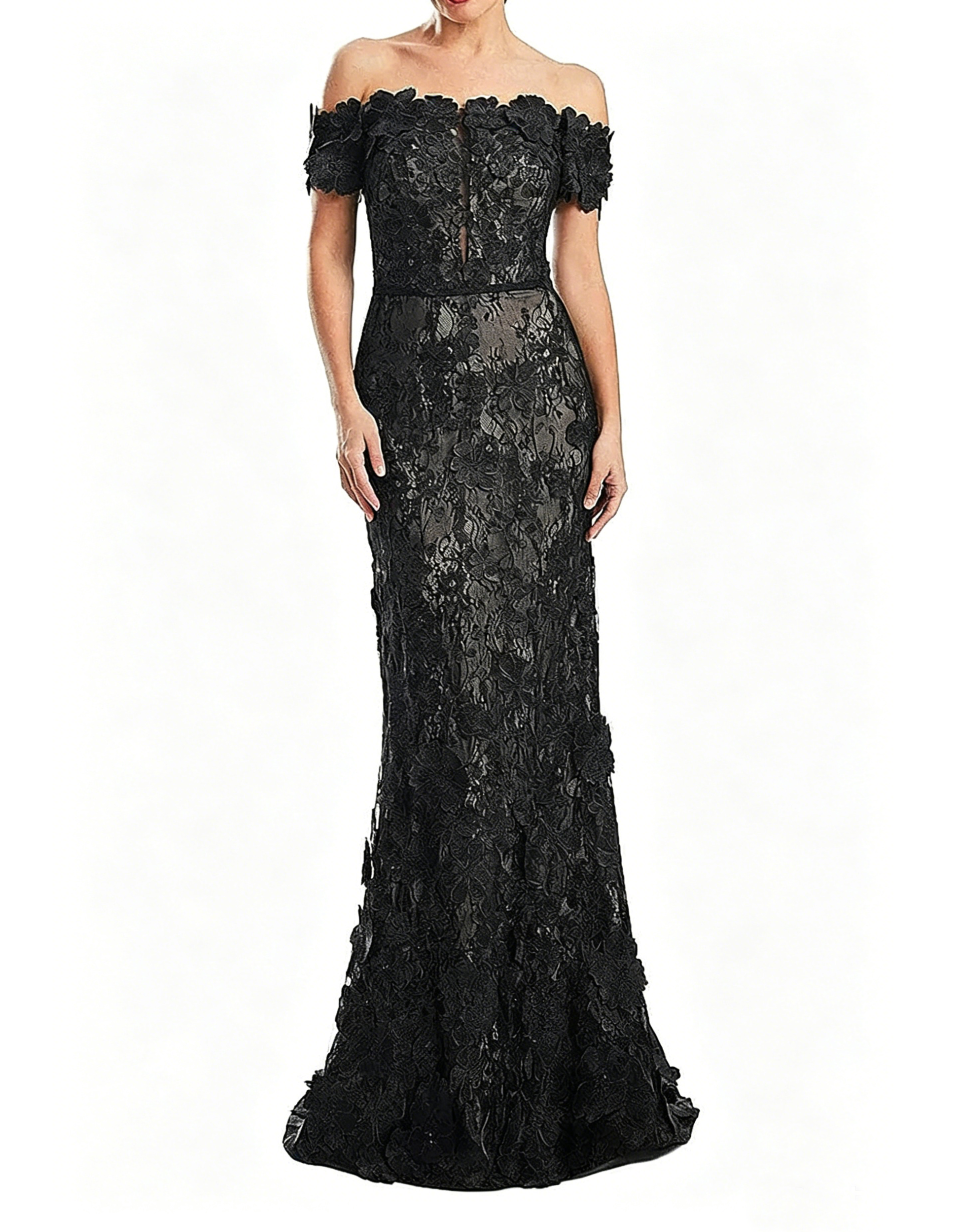 Off-The-Shoulder Lace Embroidered Fishtail Maxi Dress