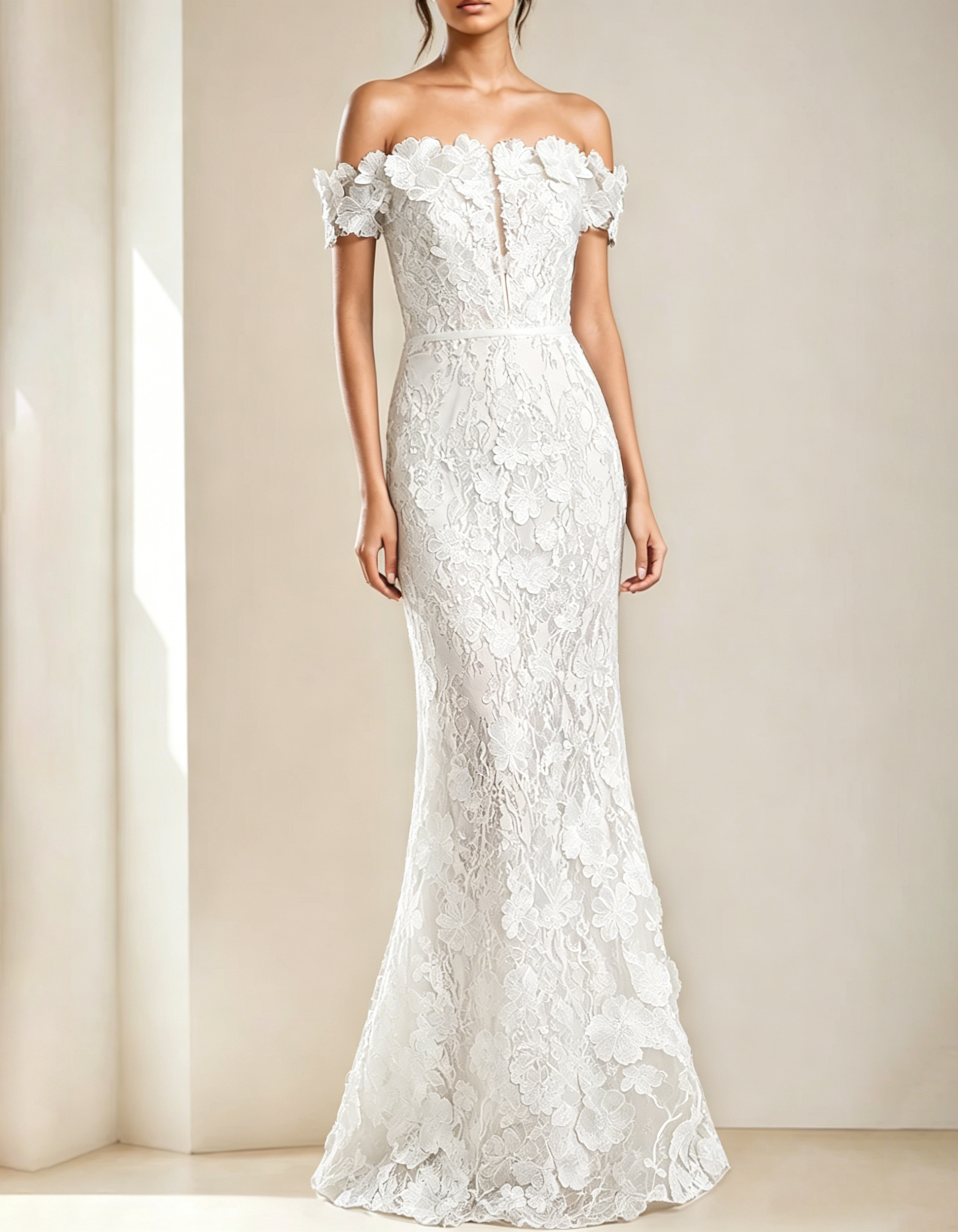 Off-The-Shoulder Lace Embroidered Fishtail Maxi Dress