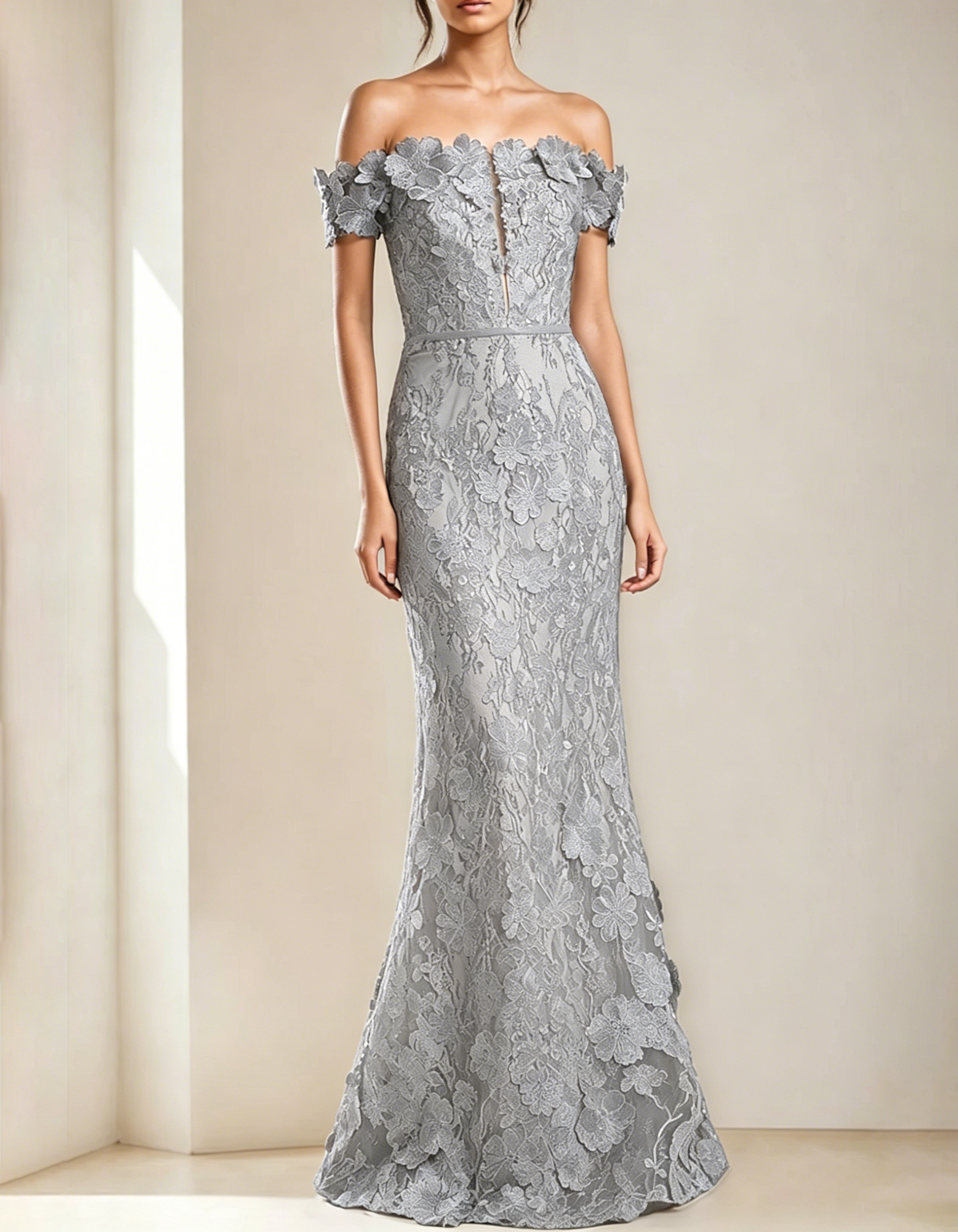 Off-The-Shoulder Lace Embroidered Fishtail Maxi Dress
