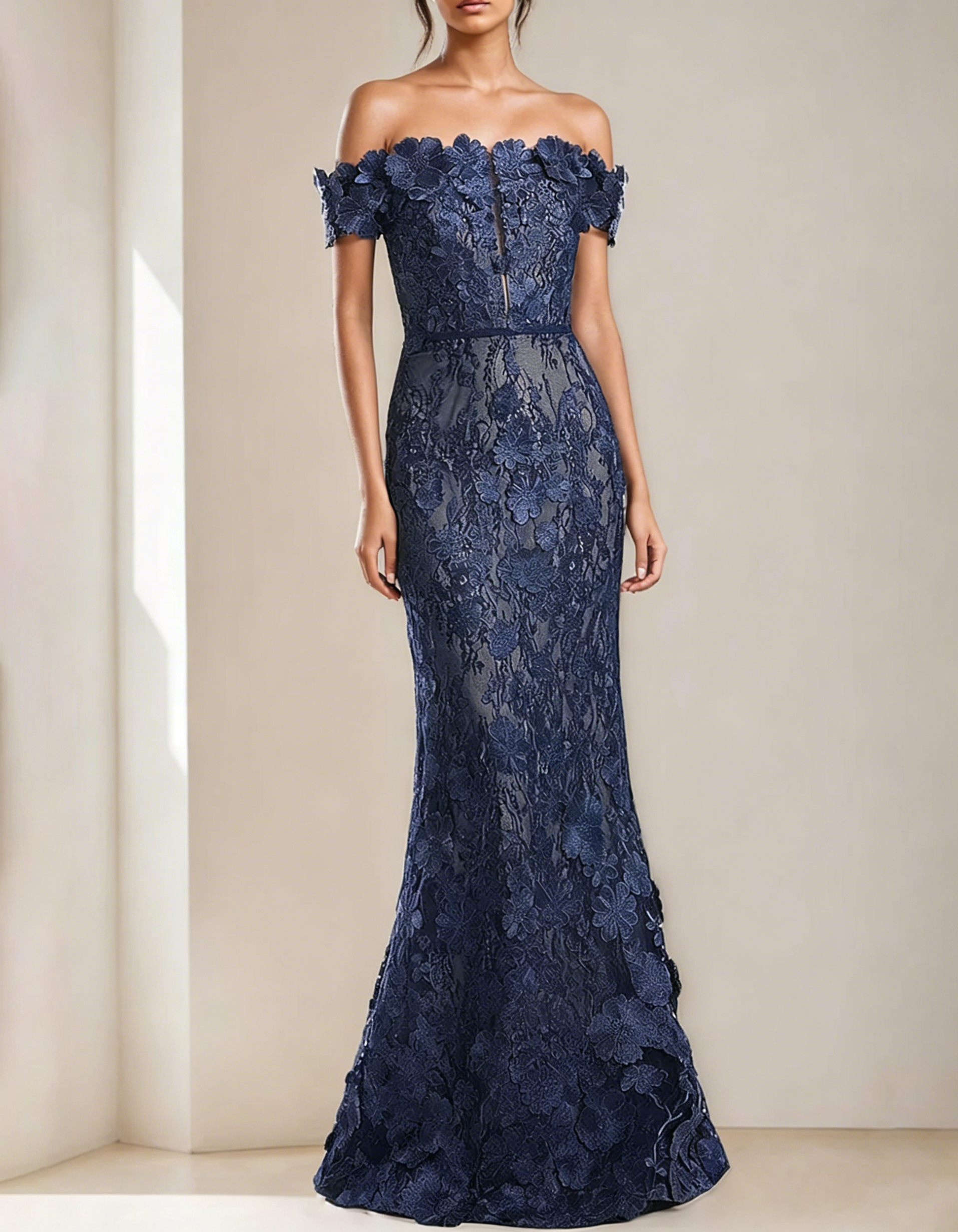 Off-The-Shoulder Lace Embroidered Fishtail Maxi Dress