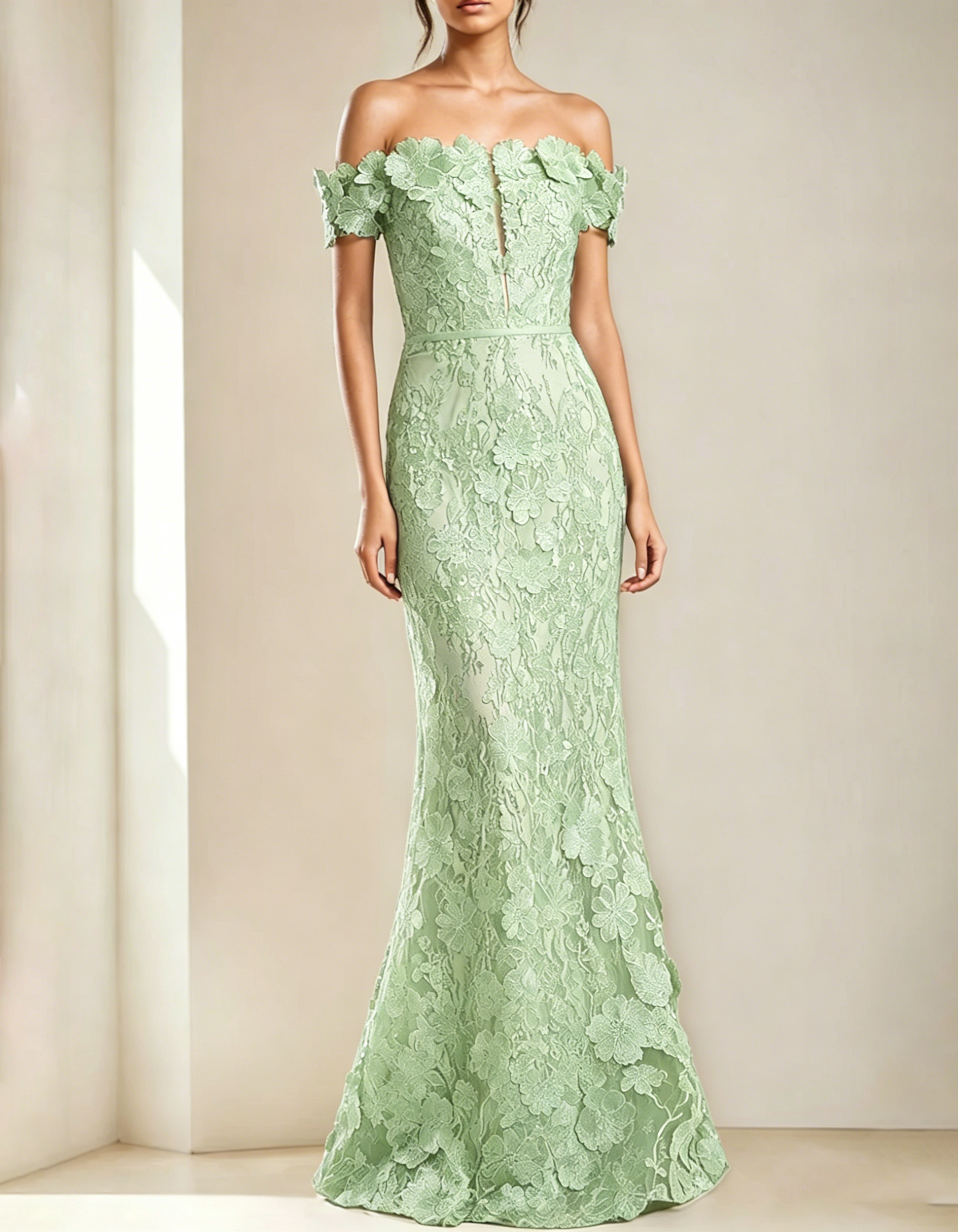 Off-The-Shoulder Lace Embroidered Fishtail Maxi Dress